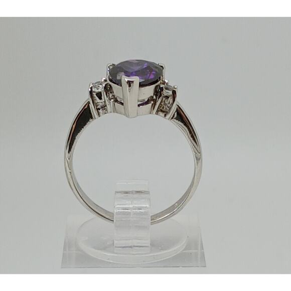 Vintage Ring Size 6 Silver Tone White Gold Plated Purple Sim Diamond CZ Heart - Picture 3 of 9